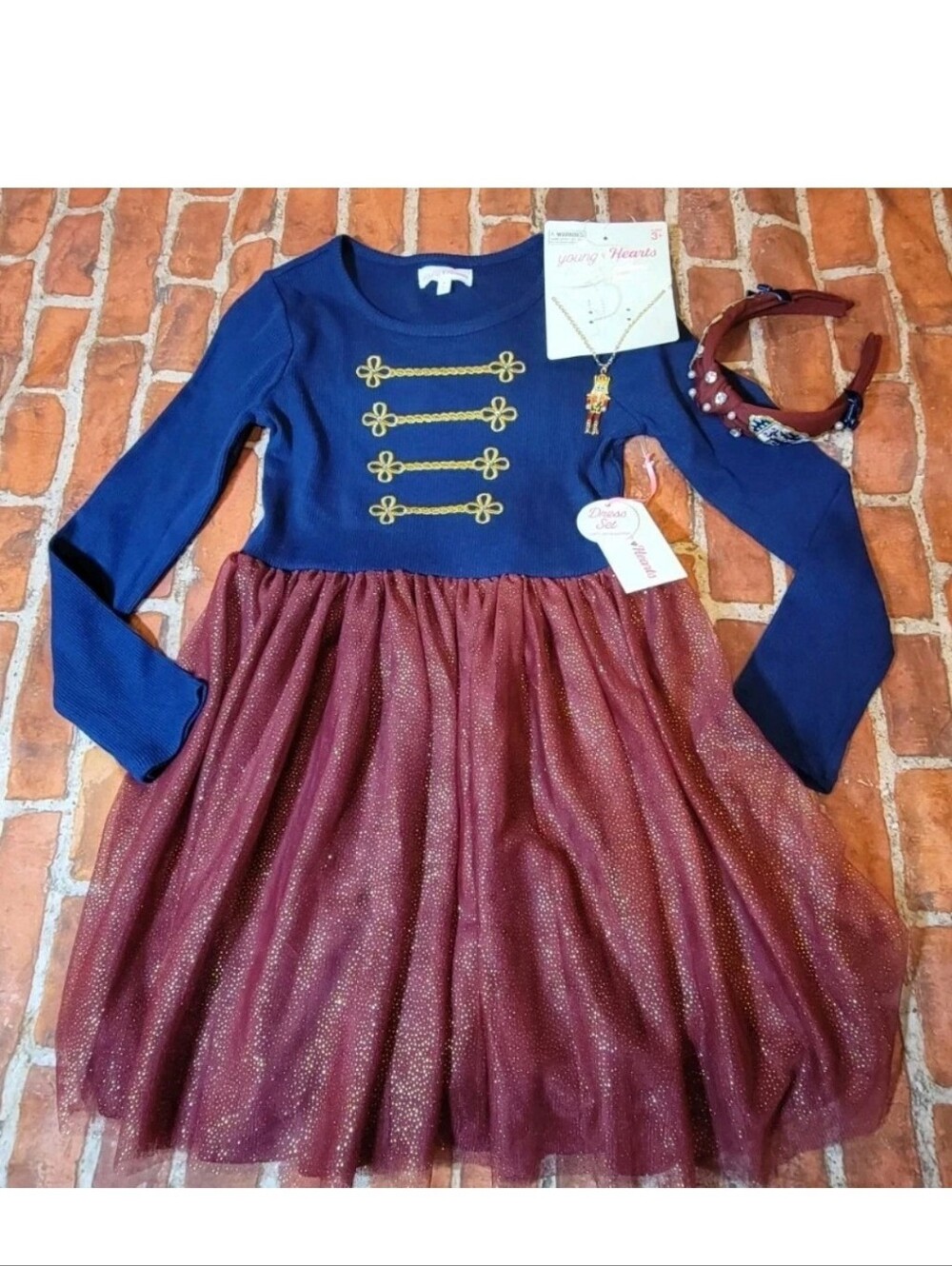 Young Hearts Girls Sz 7 Nutcracker Dress Set Headband Necklace Holiday Christmas